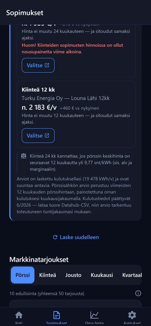 Markkinatarjousten vertailulista Wattitutka-sovelluksessa