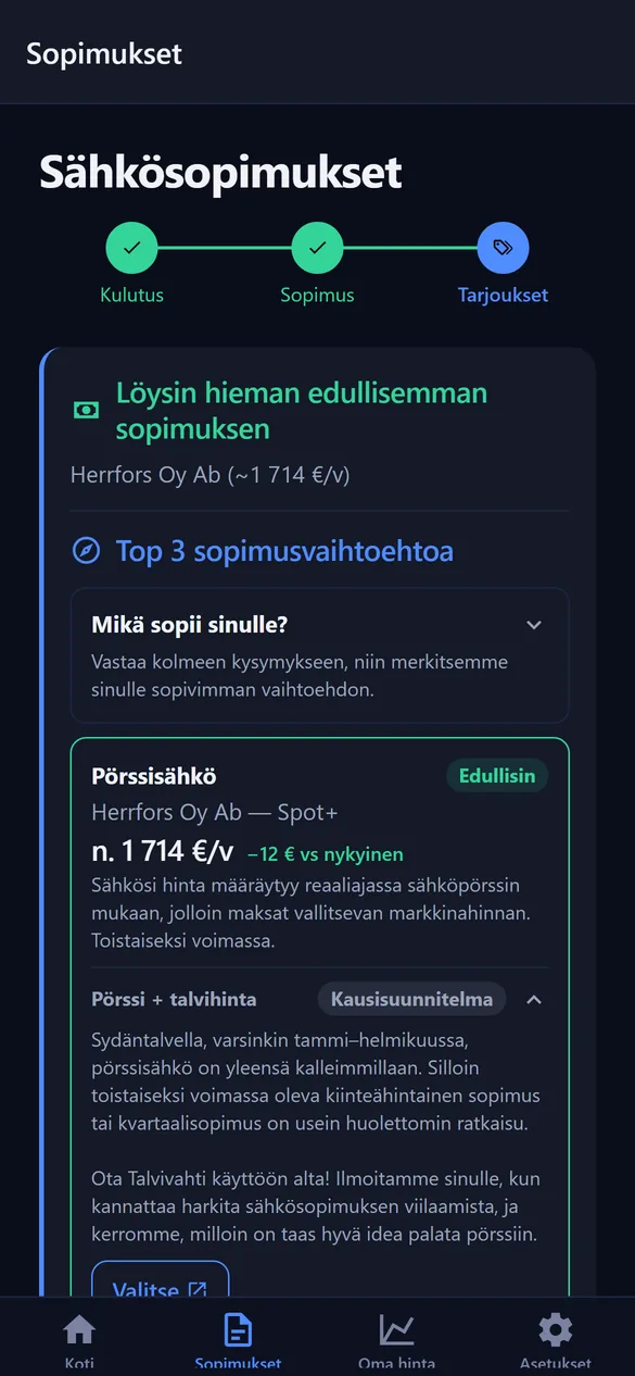 Wattitutkan löytämä edullisempi sähkösopimus ja arvioitu säästö